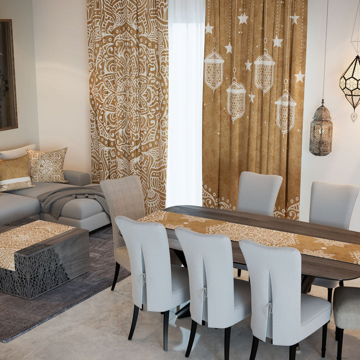 A Ramadan set in gold: lantern curtains, cushions and runners in one design