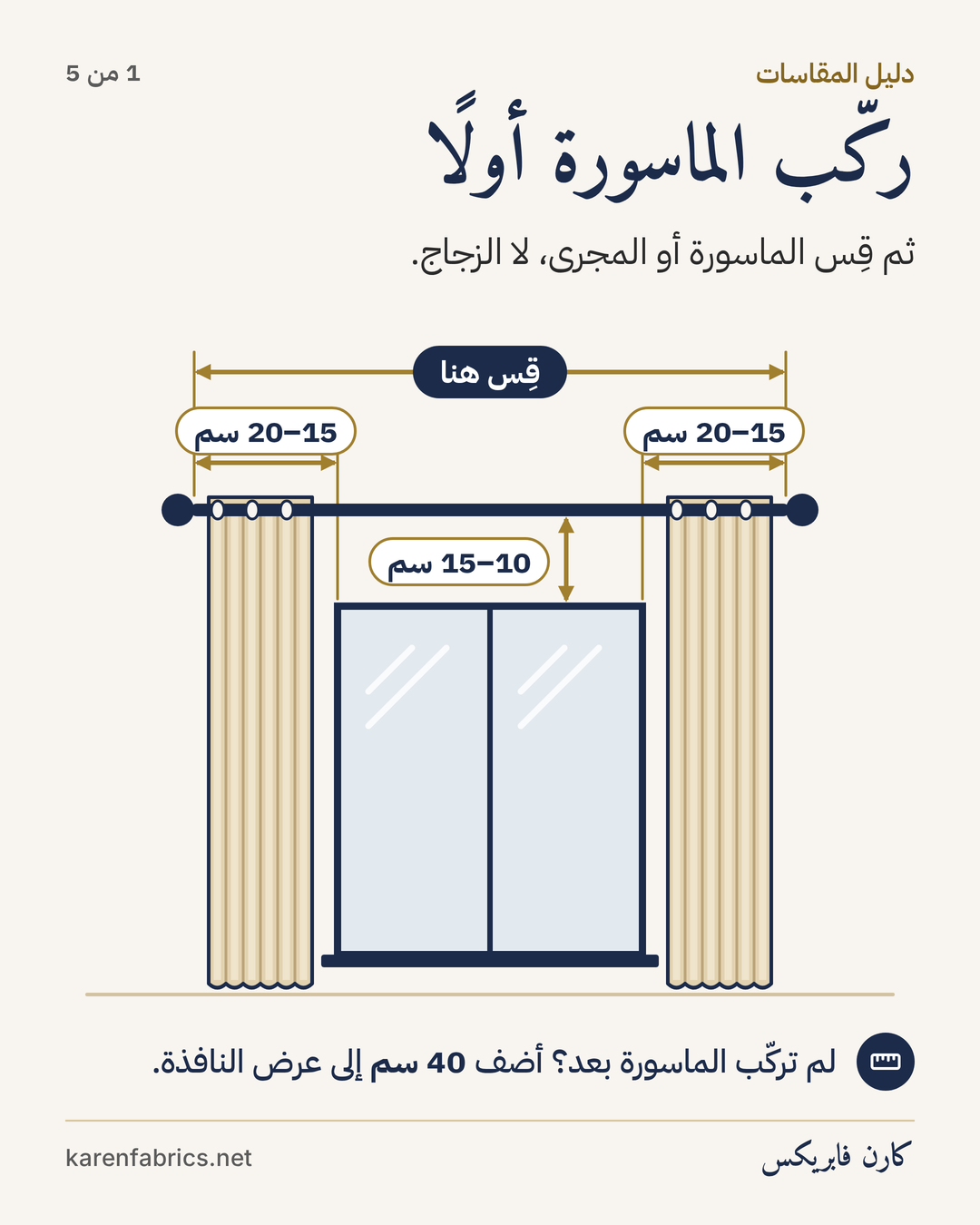 الخطوة 1 من 5: ثبّت الماسورة 10–15 سم فوق الإطار و15–20 سم بعد كل جانب، ثم قِس الماسورة أو المجرى.