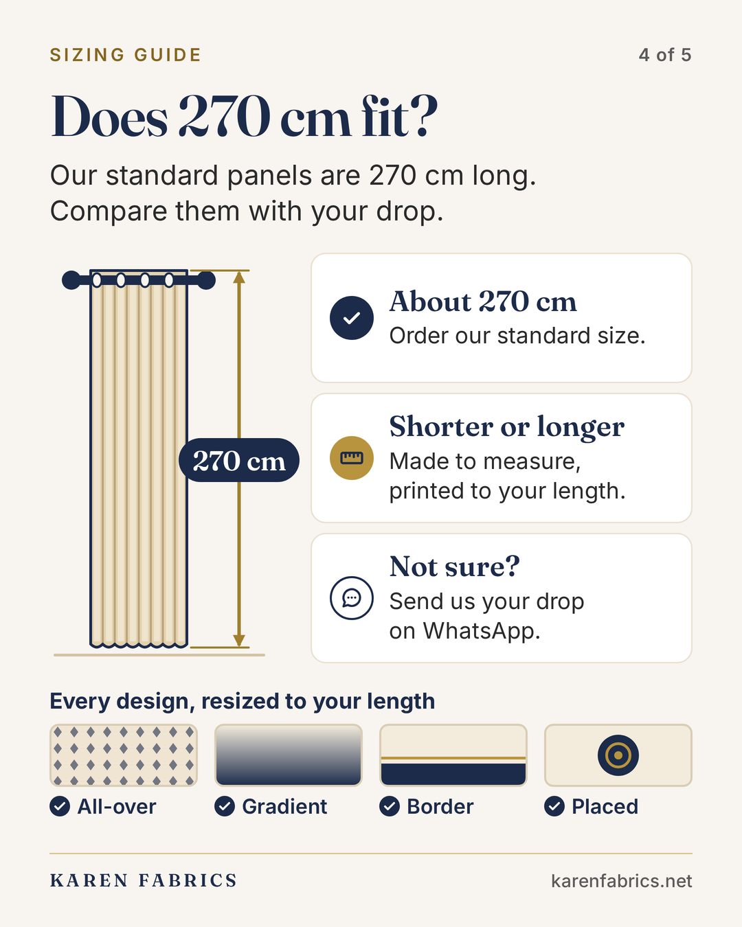 Step 4 of 5: when the standard 270 cm length fits, when a tailor can shorten it, and when to order made to measure.